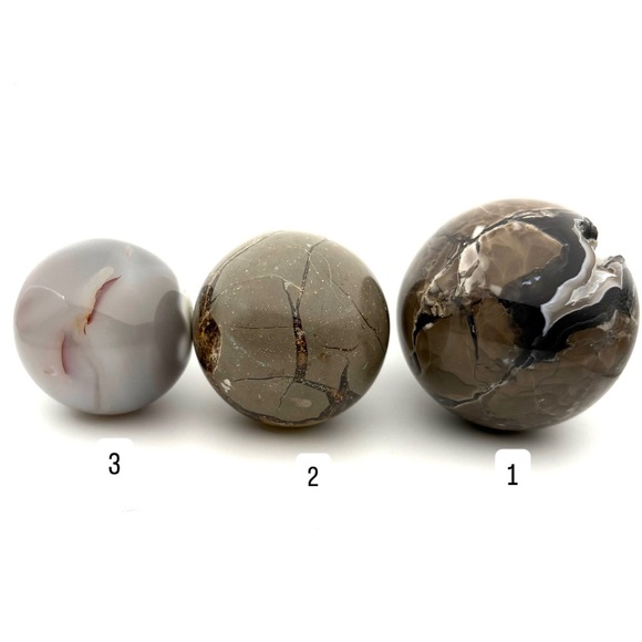 Set of 3 Crystal Spheres- Volcano Agate, Septarian & Orca Agate- with stand - Picture 5 of 10